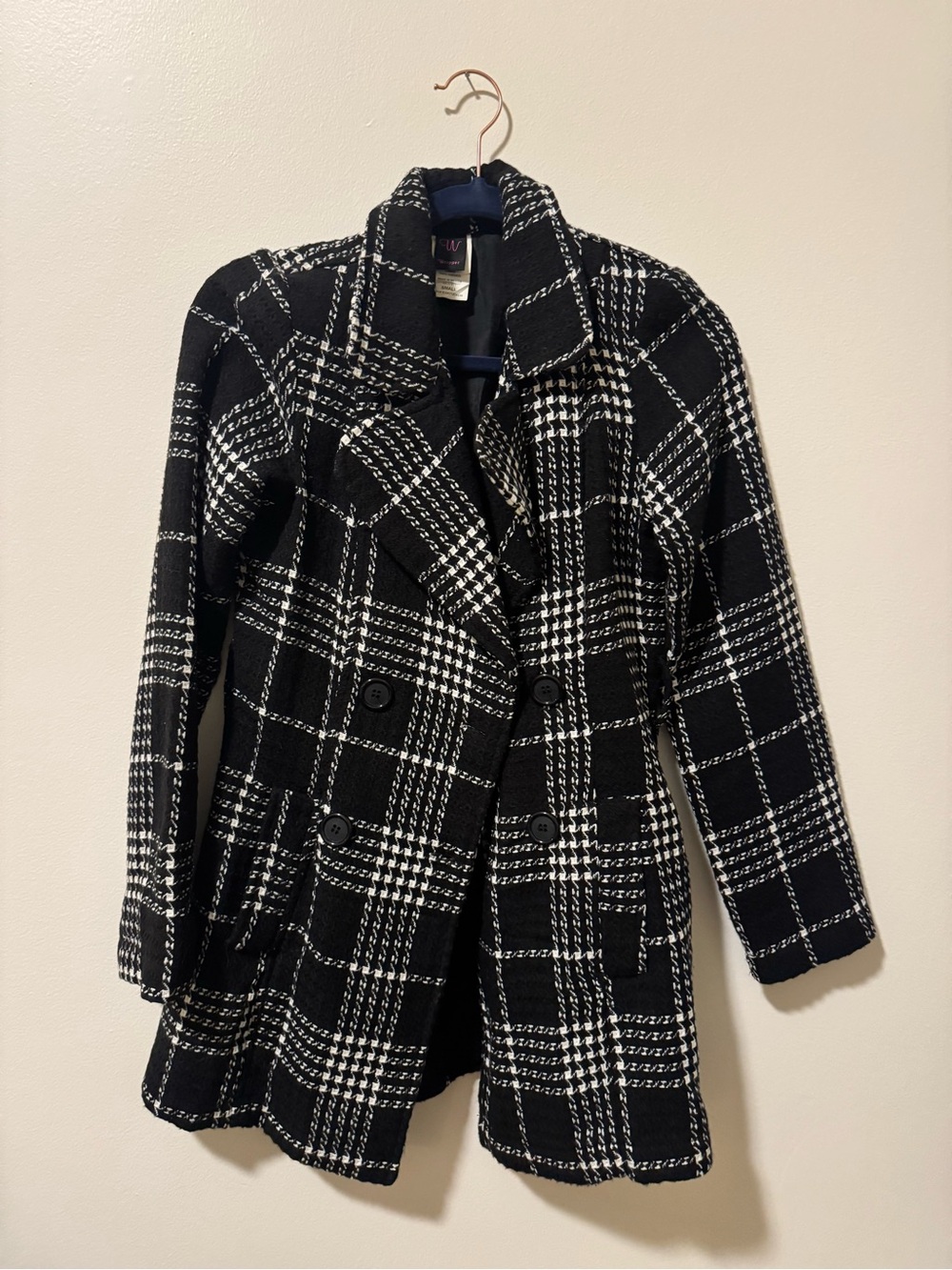 Wrapper Black & White Plaid Double-Breasted Peacoat